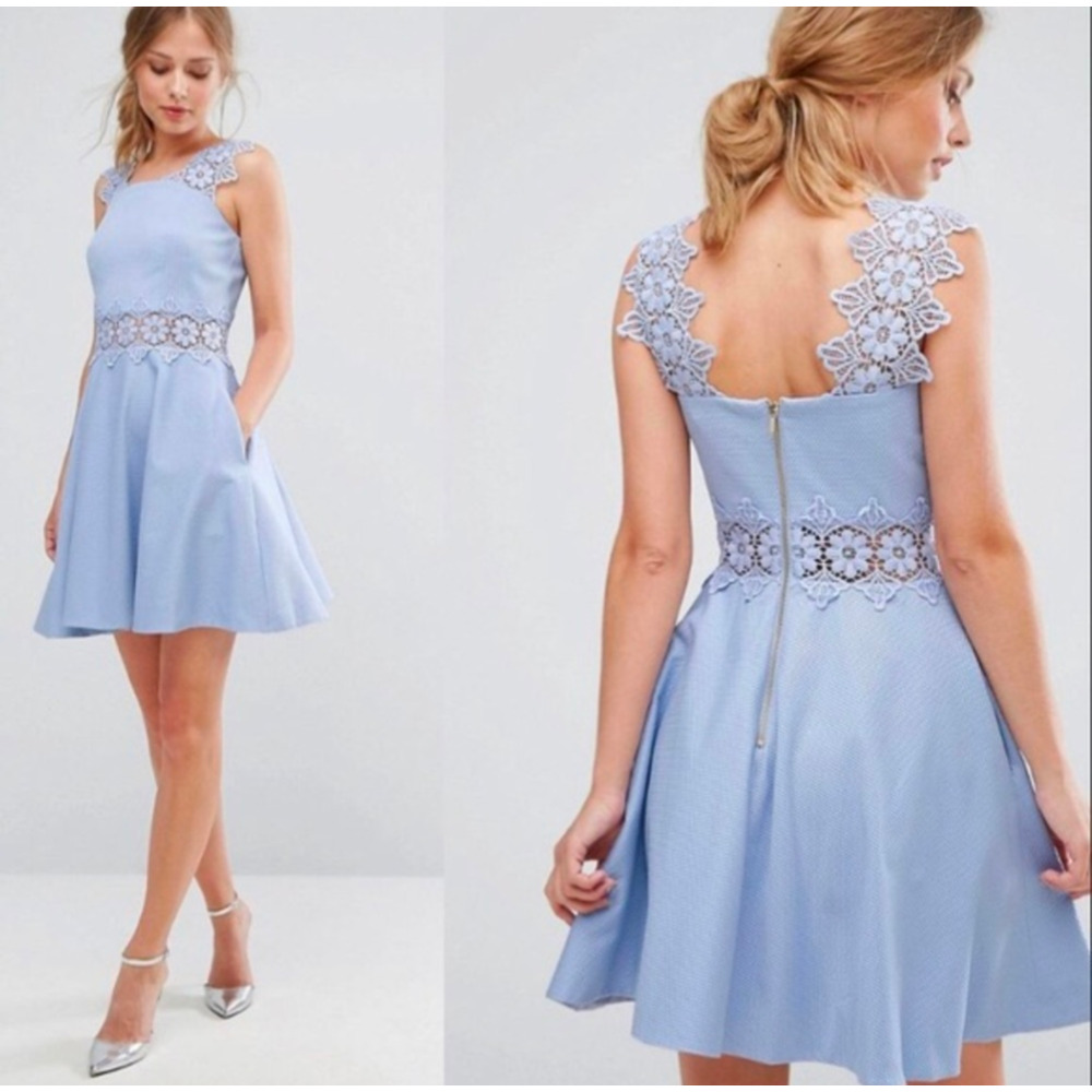 Ted Baker Light Blue Lace Waist Fit-and-Flare Mini Dress